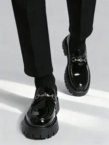 ONXITOM Men's Patent Leather Platform Loafers  2026 New Fashionable Classic Round Head Office Casual Shoes Comfort Non-Slip Lug Sole Slip-On Dress Shoes with Metal Horsebit Detail for Business Office & Casual