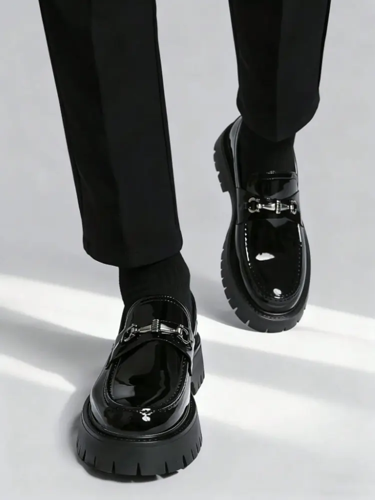 ONXITOM Men's Black Patent Leather Platform Loafers with Metal Horsebit, Classic Slip-On Dress Shoes with Non-Slip Blocky Lug Sole for Office & Casual, Black Shoes, Footwear