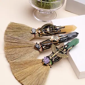 Natural Crystal Point Magic Broom, Natural Crystal Jewelry Chakra Healing Crystals Quartz Witch Broom for Cleansing & Healing, Reiki Gemstone for Feng Shui Energy Balancing, Gemstones And Crystals