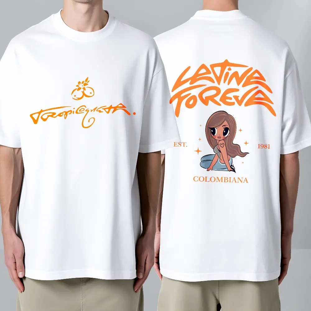 100% Cotton Graphic Tee - Latina Forever Colombian Woman Print, Thermal Fabric Short Sleeve Top, Casual Streetwear Novelty Graphic Tees, Festive Party Hats & Masks Accessories Companion Gift for Latinas