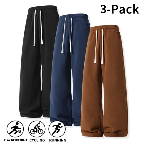 3-Pack Men's Fall Winter Fleece Wide Leg Pants, Drawstring Elastic Waist Loose Trousers, Soft Warm Polar Fleece Casual Sweatpants for Young Men Workout Basketball Street Hangout Baggy school season