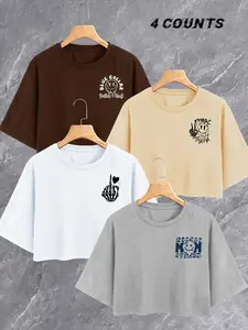 Women's Cartoon & Letter Print Round Neck Crop Tee, Casual Short Sleeve Crew Neck Loose T-shirt for Summer, Fashion Women's Top for Daily Wear