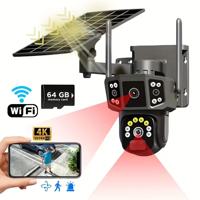Solar Security Cameras Wireless Outdoor With 64GB SD Card - 2.4 GHz WiFi Security Cameras, 4K/8MP Dual-lens Linkage, Battery Powered, 360° Pan And Tilt, Ultra Clear Color Night Vision, PIR, Two-Way Audio, SD And Cloud Storage