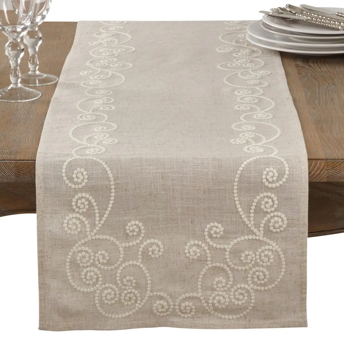 Saro Lifestyle 001.N1654B 16 x 54 in. Embroidered Swirl Design Linen Blend Table Runner, Natural