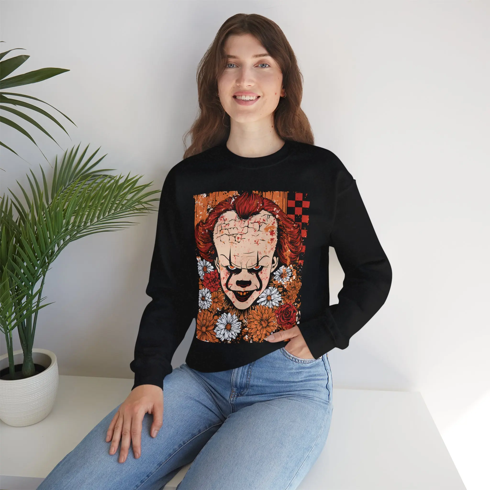 Pennywise Floral Sweatshirt - Horror Movie Crewneck, Unisex Gift, Cozy Apparel, Halloween Costume, Unique Trendy Style