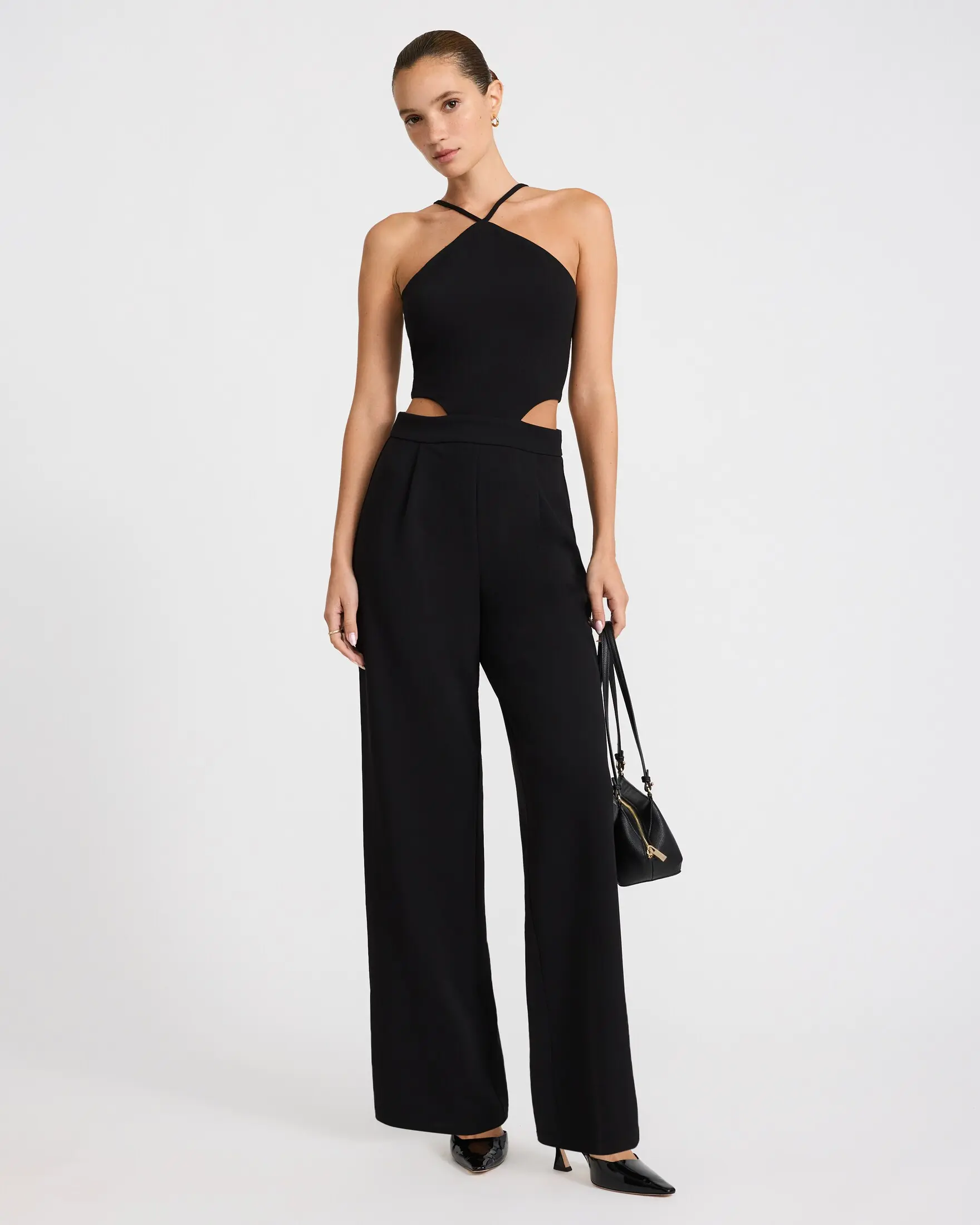 Express Halter Side Cutout Wide Leg Jumpsuit, Zipper, Spandex