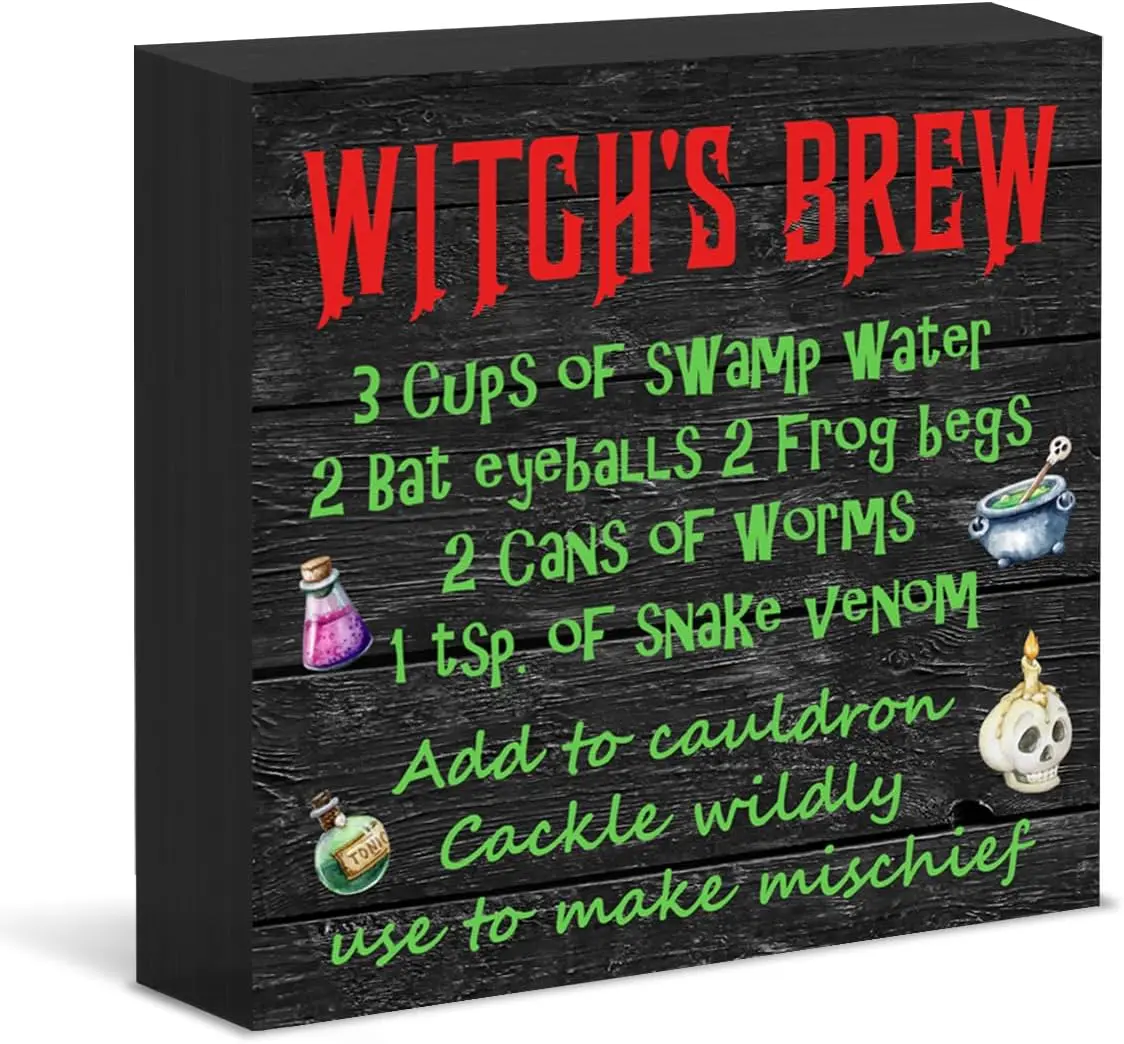 Halloween Sign Decor Witchy Wooden Box Sign Witch's Brew Black Wood Block Sign for Home Kitchen Table Desk Shelf Decoration