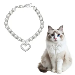 PETAXCELL Cat Collar Pearl Necklace, 13 Inch Dog Pearl Necklace Collar, Pets Jewelry Accessories with Heart Shape Rhinestone, (White, M), Intended for Puppies/Small Dogs Cats/Clothes