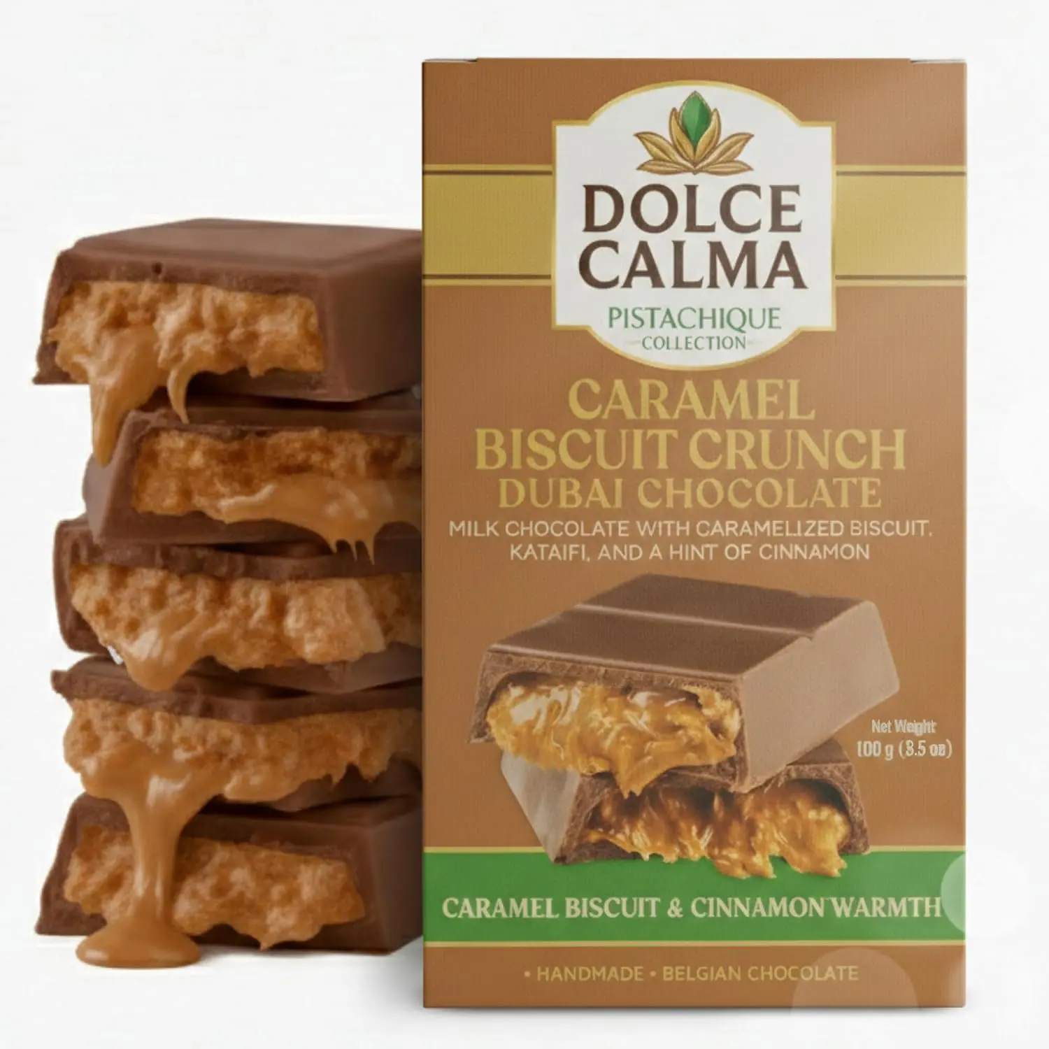 Dolce Calma Dubai Chocolate Bar Caramel (100g / 3.5oz) – Viral Authentic Handmade Belgian Chocolate with Turkish Pistachio & Crispy Kataifi, Premium Candy, Luxury Cream Kunafa Filling