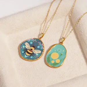 18K Gold PVD Plated Geometry Shape Stainless Steel Metal Colored Printing Collar Statement Necklace Water Resistant Jewelry