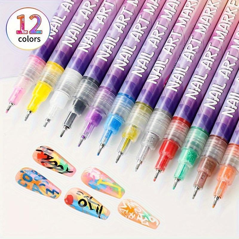 12-Color Nail Art Doodle Pen - Smooth, Quick-Drying Acrylic Cosmetic Tool, 12 Colors Suit for Mom, Ideal for 3D Dot Embroidery, MMA Acrylic Stitching, Home Manicure, Nails Supplies, Cuticle Care