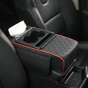 Five-in-one car center console set, multifunctional embossed PU leather armrest cover, equipped with cup holder/phone holder/pocket/tissue holder, height-enhancing car armrest pad, suitable for most cars