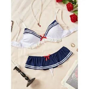 Nautical-Inspired 2-Piece Bikini-look Lingerie Set, Ruffle Detailing And Bow Accents Bra & Panty Erotic Role Play Underwire For Women