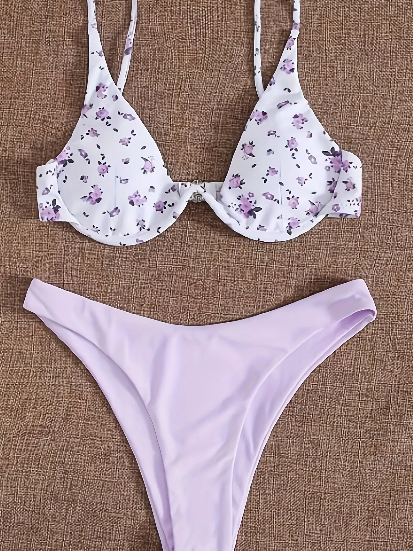 Women's Bikini Two-Piece Set, Bikini Sets, V-Neck Thin Strap Top, Low Waist Solid Color Swimwear, Small Floral Print, Beach Vacation