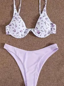 Women's Bikini Two-Piece Set, V-Neck Thin Strap Top, Low Waist Solid Color Swimwear, Small Floral Print, Sweet Elegant Style, Beach Vacation, Swimsuit For Beach