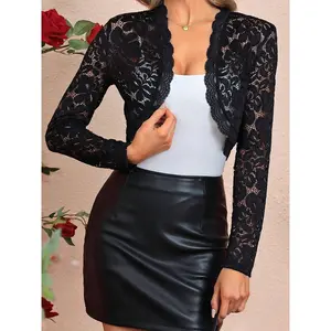 Combhasaki Women Floral Lace Sheer See-through Shrugs Long Sleeve Open Front Crochet Cardigan Coat Crop Tops Cropped Cover Ups