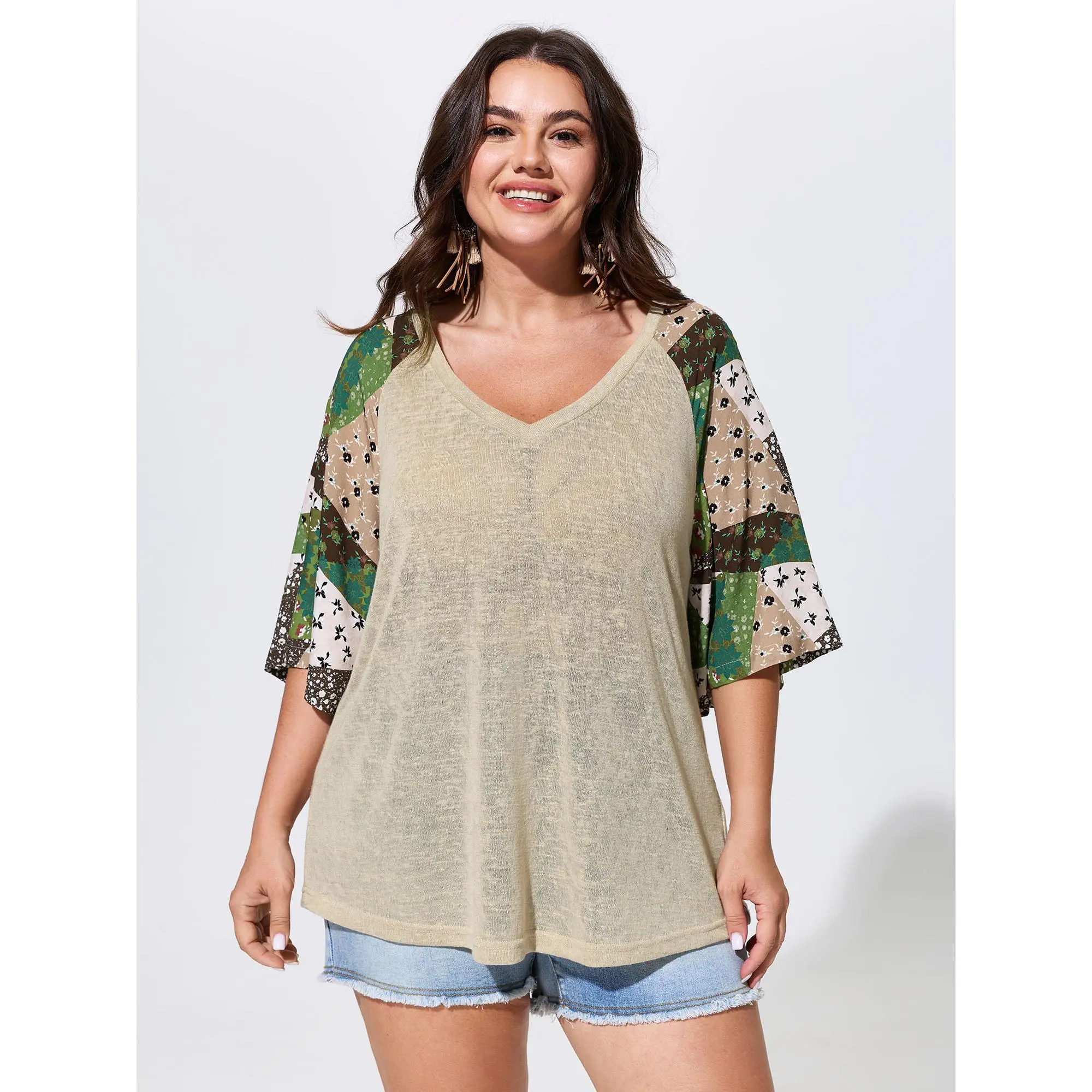 BloomChic Plus Size Casual Floral Color Block Blouse, Stretchy Rayon Knit Fabric with Short Raglan Sleeves, Blouses, Shortsleeve, Smooth, Garment, Fit, Flowers, Clothes, Top, Women, Blouse Top, Stretchy Fabric