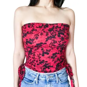 Floral Red Women’s Ruched Tube Top Drawstring Tied Dress Shirt Womenswear Sleeveless Crop Top Size Small