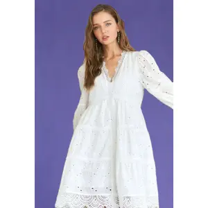 Lace Detail Tiered Eyelet V-Neck Babydoll Dress