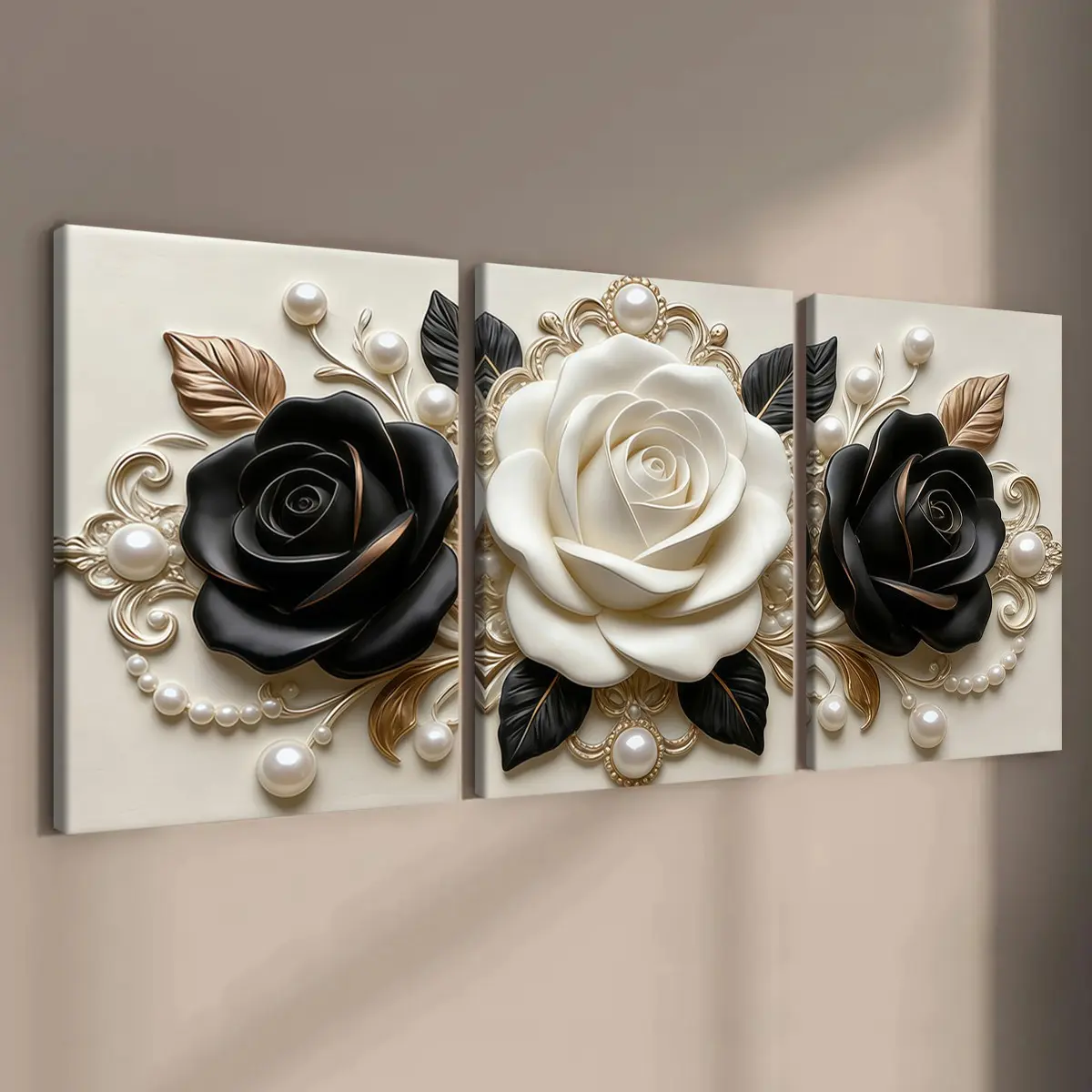 3-count wooden frame canvas, luxury embossed black and white rose three-piece decorative poster, modern living room decoration, suitable for bedroom walls, waterproof art, Rose Print, Wall Picture Decor, Aesthetic Wall Decor, Decoration Items