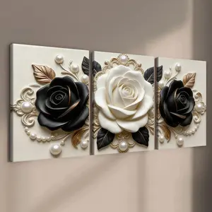 3-count wooden frame canvas, light luxury embossed black and white rose three-piece decorative poster, fashionable family poster, modern living room decoration, suitable for corridor and bedroom walls, waterproof art