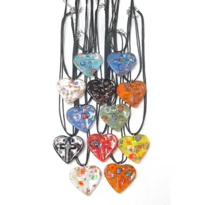 Murano Glass Style Heart and Cross Pendant Necklace