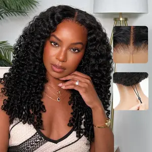 GK 13X6 Burmese Curly Glueless Wigs Human Hair Pre Plucked Pre Cut 200% Density Drawstring Wig for Black Women 13x6 HD Lace Front Wigs Human Hair Glueless Wear and Go Natural Color 24 Inch