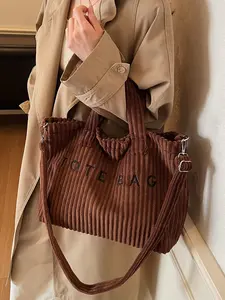 2026 New Corduroy Fabric Large Capacity Shoulder Crossbody Bag, Letter Print Zip Design, Plain Color, Casual Commuter Tote Bag, Cross Body Bags