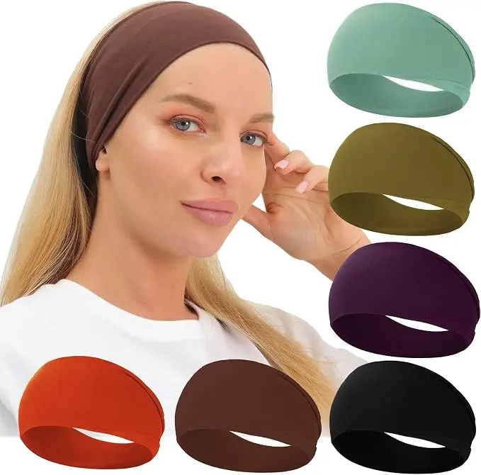 6-Pack Workout Wide Headbands for Women – Non-Slip Super Soft Yoga Running Exercise Headbands – Elastic Sweatband Hair Bands for Women's Hair – Moisture-Wicking Solid Headband Hair Wrap for Gym, Sports, and Daily Wear
