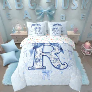 Feelyou 7-Piece 3D Initial Letter R Bed Comforter Set - Blue Bow Coquette Preppy Bedding Set with Floral Quilt, Aesthetic Bowknot Bed-in-A-Bag for Moms