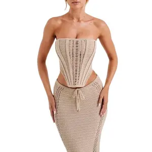Chic 2 Piece Crochet Knit Set for Women - Strapless Corset Top & Maxi Skirt for Daily Wear, Vacation, Summer activewear