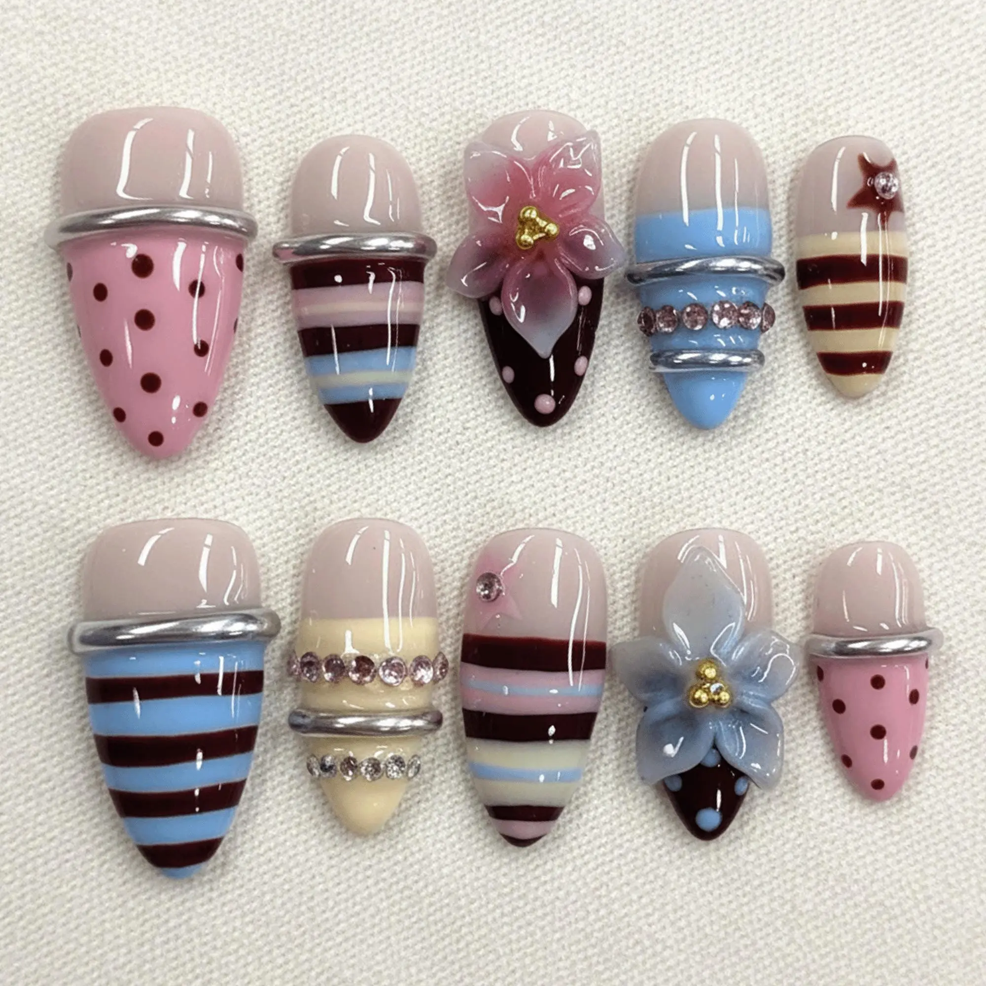 Kawaii Spring Press On Nails, 3D Flower Pastel Nails, Cute Polka Dot Nails, Pink Blue Stripe Nails, Handmade Fake Nails
