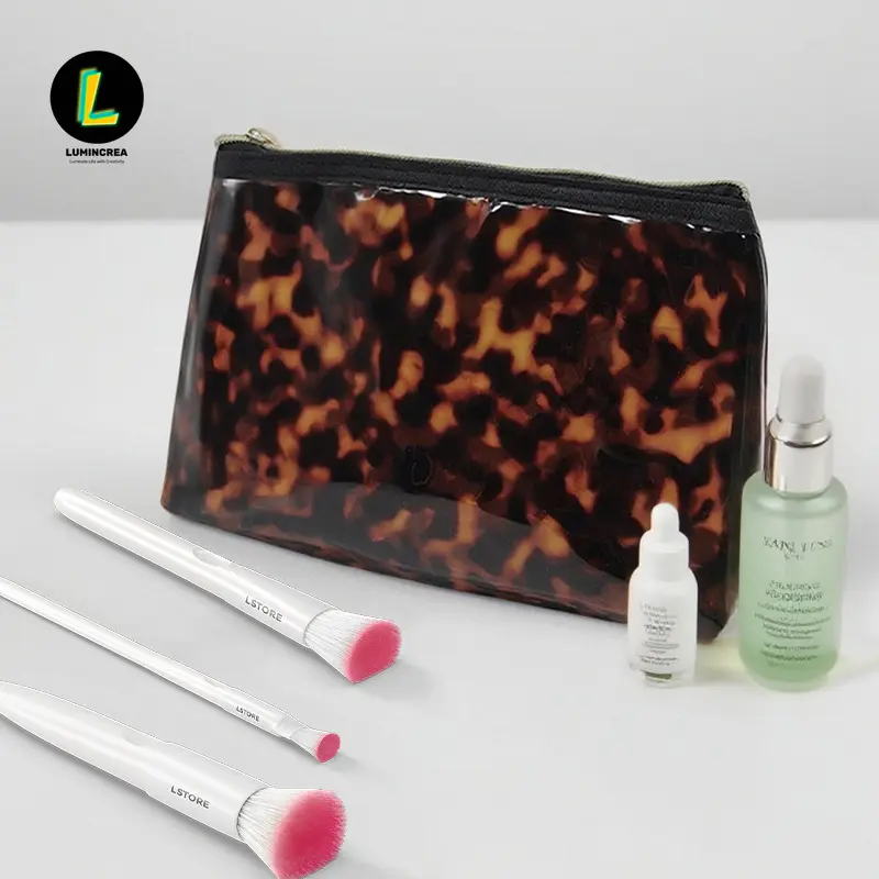 Light Luxury Shiny Finish Transparent Look Waterproof PVC Cosmetic Travel Bag, Tortoiseshell-Leopard Pattern Washable Portable Home Organizer Storage Pouch