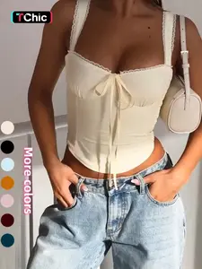 Women's Solid Color Lace Trim Crop Tank Top, Casual Sleeveless Cropped Top for Summer, Fashion Women's Top for Daily Wear, Casual Sleeveless Cami