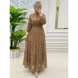Stylish Crew Neck Long Sleeve Abaya Dress - Elegant Shirred Waist, Ruffled Hem, Maxi Length, Comfortable Wear, Modest Fashion - Women's Clothing for Special Occasions