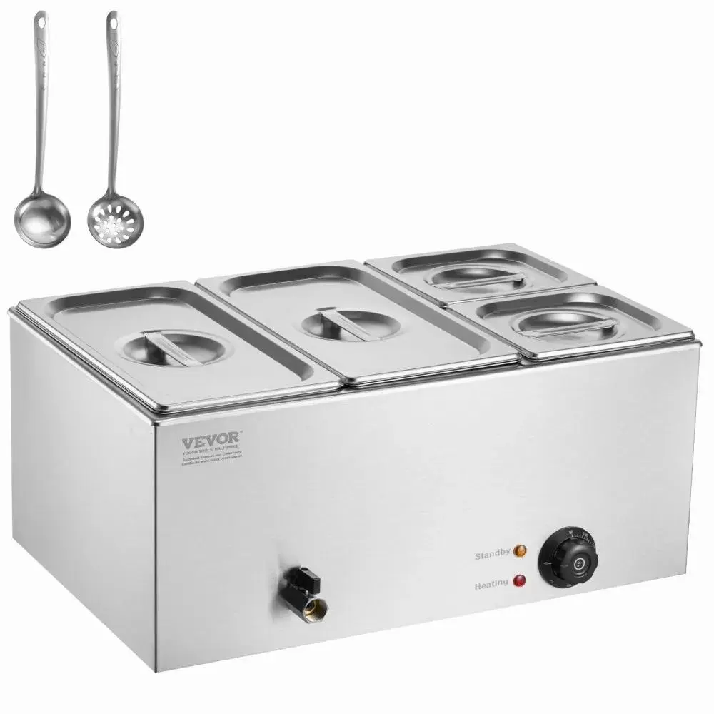 【Summerfinds】VEVOR 4-Pan Commercial Food Warmer,  16.4QT Electric Steam Table, 1200W Professional Countertop Stainless Steel Buffet Bain Marie with 86-185°F Temp Control for Catering and Restaurants, Silver