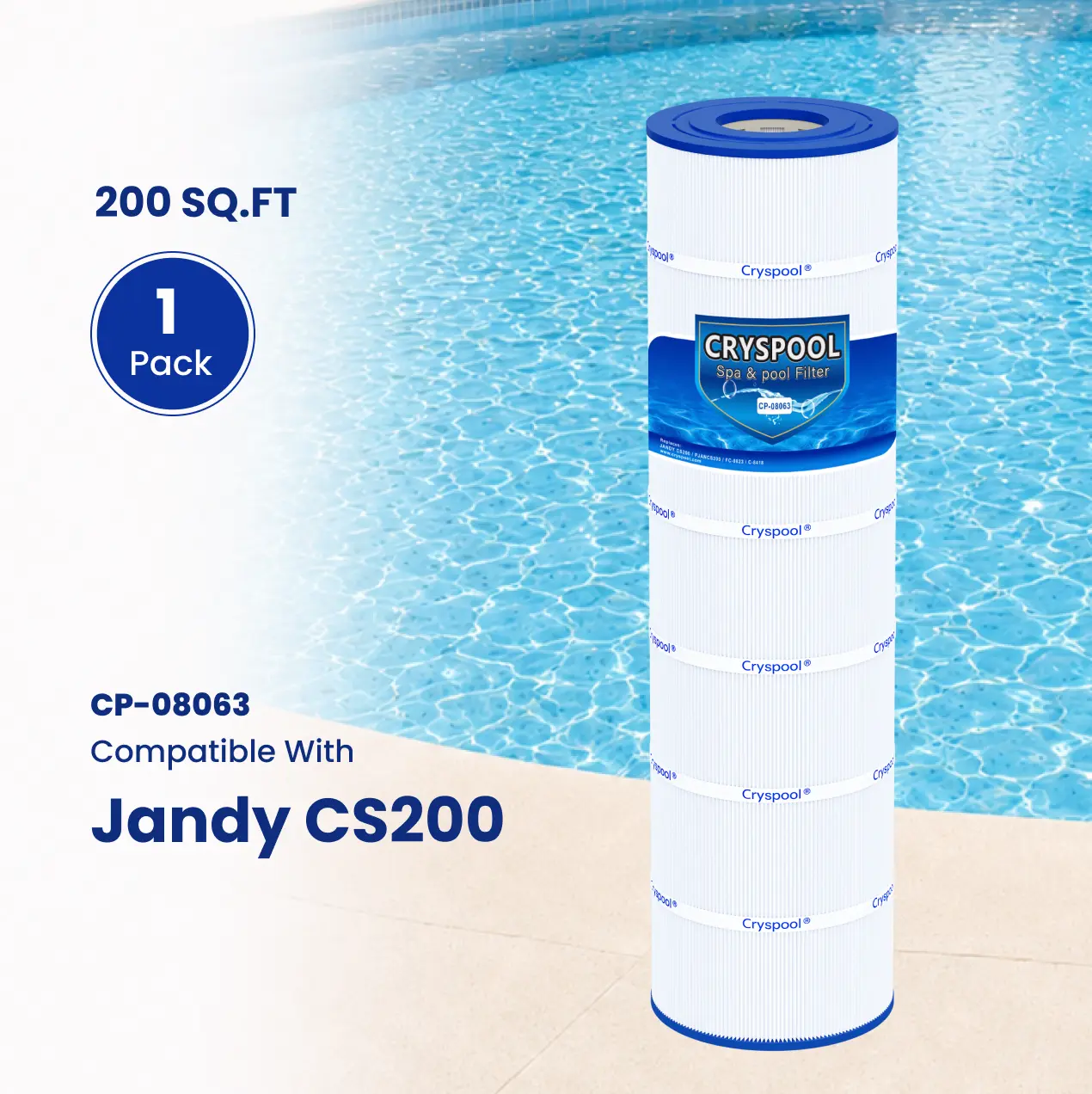 Cryspool CS200 - Compatible with Jandy CS200, Replacement for R0462400, 11088503, Filbur FC-0823, Unicel C-8418, Outdoor Pool Accessories, 200 Sq.ft Cryspool Pool Filter Cartridge (1 Pack)
