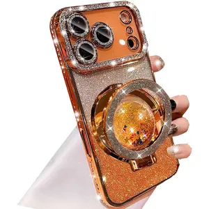 Glitter Kickstand Case for iPhone 17 Pro Max,Cute Bling Sparkly Diamond Rhinestones with Camera Lens Protector Liquid Flowing Ring Stand Soft TPU Women Girls Case for iPhone 17 Pro Max,Orange