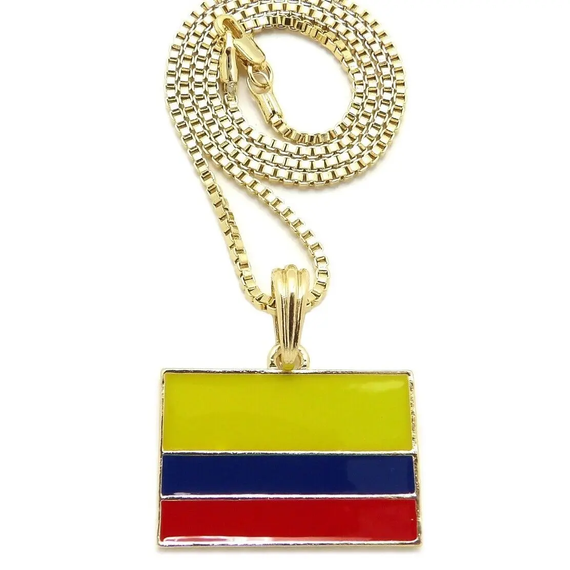MaxBling81 Colombia Flag Gold Plated Pendant & 2mm Box Chain Hip Hop Jewelry, 18"-30" Length Options, Unisex Chain & Link Necklace for Men, Women, Multi-Size, Chain Link Necklaces