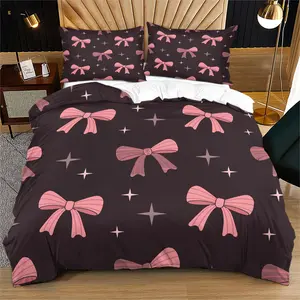 Black background pink bow pattern, soft bed cover set, including 1 cover and 1 or 2 pillowcases, without cotton core, suitable for giving girls daily gifts, Soft Bedding Sets