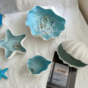 1PC Starfish/snail/shell Ceramic Jewelry Tray, Blue Shell Small Decorative Dish, Ocean Style Jewelry Organizer, Boho Style