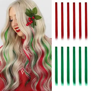 12PCS Multi Colored Hair Extensions Clip in Red and Green Hairpieces Party Highlights DIY Colored Christmas Synthetic Hair Extensions Accessories for Girls Women 20 Inches Long Hair (Red、Green)