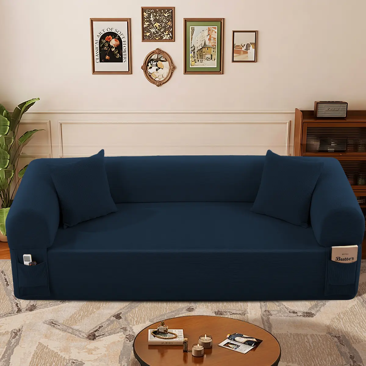 Sturdy 3-Seat Modern Indoor Living Room Sofa - Glam Eclectic Style, High-Density Polyurethane Foam, Pocketed Springs, Breathable Fabric, Fixed Arms, 2 Matching Throw Pillows, Pocketed Storage, Assembly Required Comfy Couch