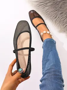 Mesh Square Toe Mary Jane Shoes for Women, Plain Textile Upper, Rubber Sole, Casual Style, Summer Commute/beachwear, Walking Shoes