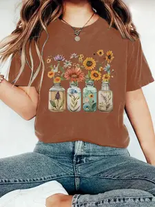 Women's Floral Print Round Neck Tee, Vintage Trendy Casual Sunflower Graphic Short Sleeve T-shirt for Daily Wear, Ladies Summer Outfit, Top, Womenswear