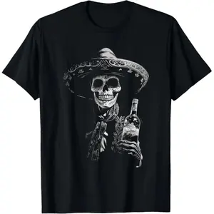 Cotton Unisex Vintage Skeleton Tequila Mexico Dia De Los Muertos Mexican T-Shirt Men's Women's Vintage Gaphic Casual Tshirt