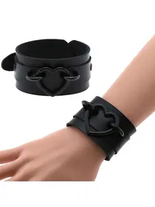 Black Leather Heart Shaped Bracelet Bangle Black Leather Wristband Cuff Gothic Punk Armbands Fashion Bracelets Women Gift