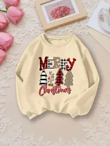 Girls' Fall Winter Fashion Christmas Tree Snowflake Print Long Sleeve Round Neck Sweatshirt, Casual Comfort for Holiday Parties
