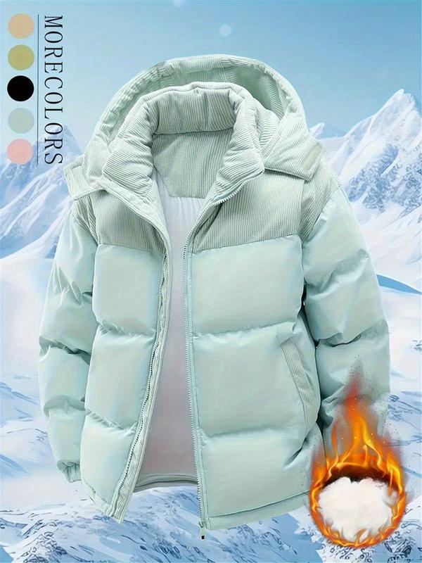 Men's Winter Hooded Jacket - Removable hood, colorblock design, warm wool-lined coat, zipper closure, casual style for cold weather, winter jacket, suitable for couples, windproof and machine washable coat Cotton Fleece Menswear Outdoor Thick