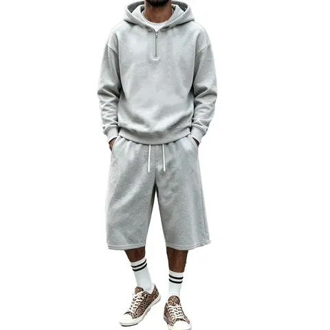 Men's 2-Piece Knitting Casual Athletic Set - Half-Zip Hoodie Sweatshirt, Long-Sleeve Loose-Fit Plain Streetwear Top + Wide-Leg Elastic Waistband Drawstring Shorts